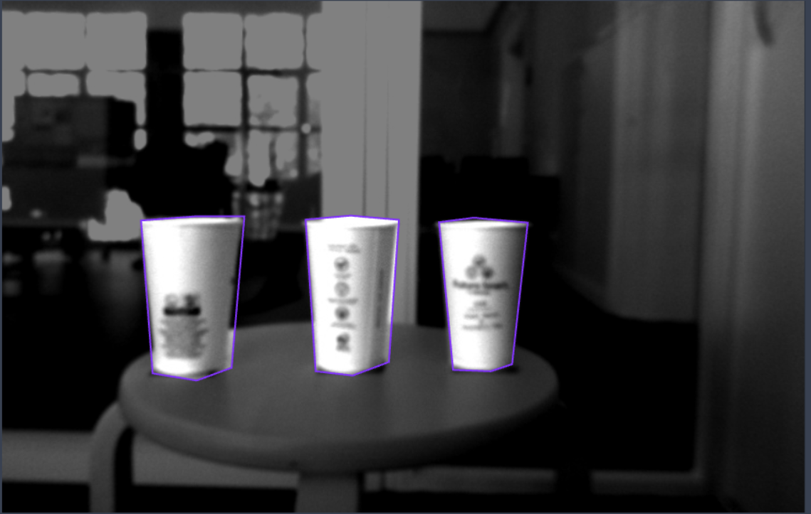 Vision output outlining three detected cups