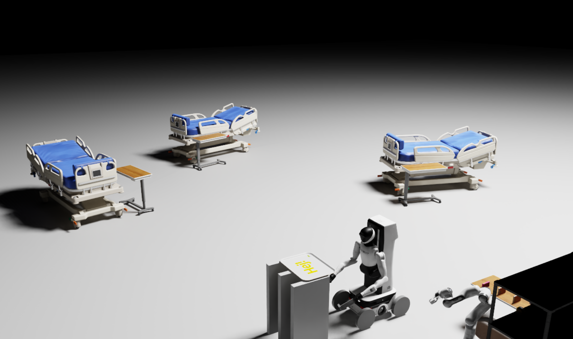 Mobile robot delivering a prepared order through the simulated hospital