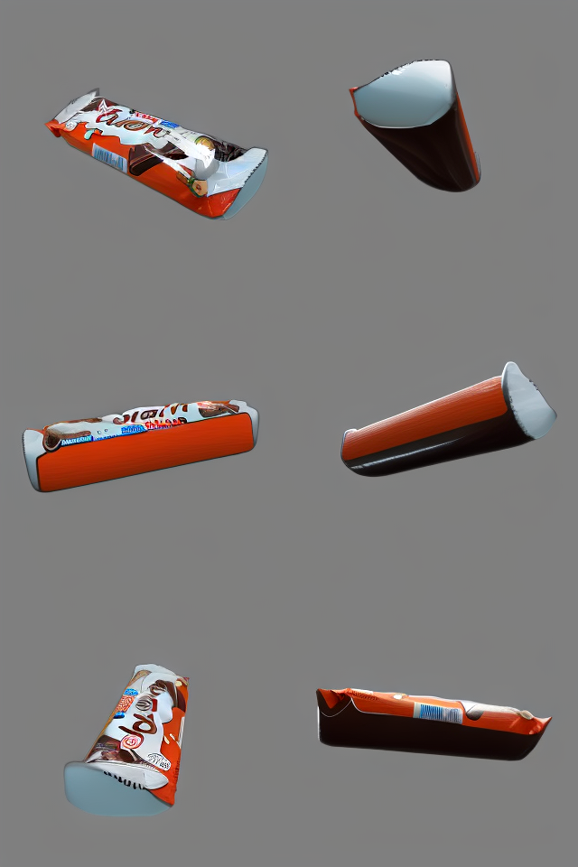 Grid of six synthesized views of a Kinder Bueno package from different camera angles